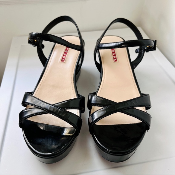 PRADA Linea Rossa Black Patent Platform Strap Slingback Sandals - Picture 2 of 16